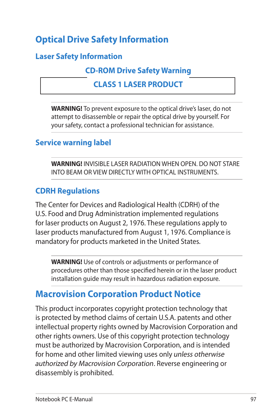 Optical drive safety information, Macrovision corporation product notice | Asus G46VW User Manual | Page 97 / 102