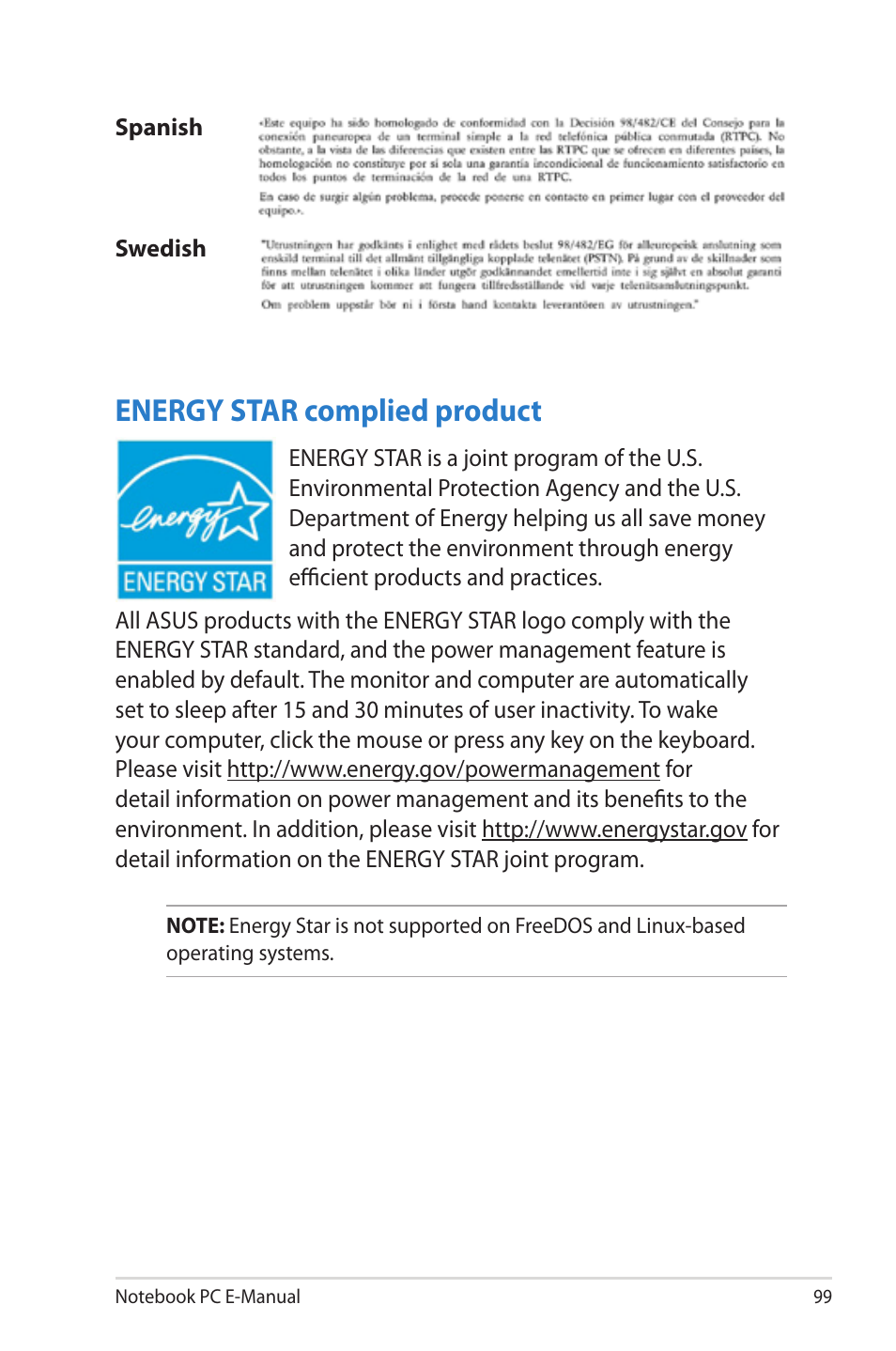 Energy star complied product | Asus G46VW User Manual | Page 99 / 102