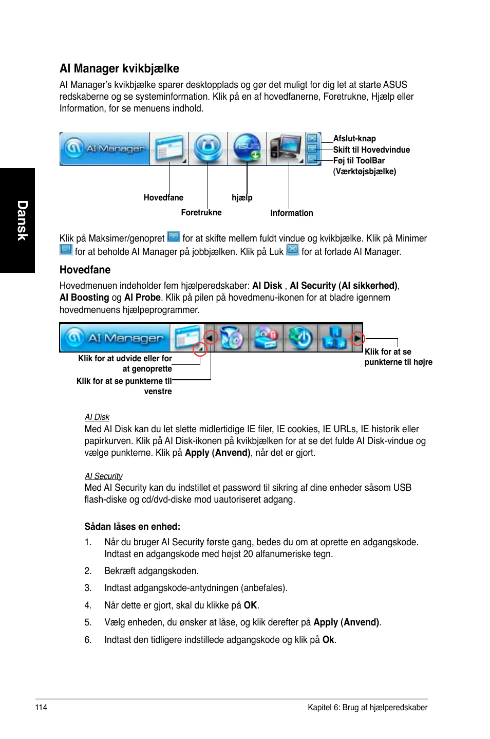 Dansk, Ai manager kvikb�ælke | Asus CM1730 User Manual | Page 114 / 330