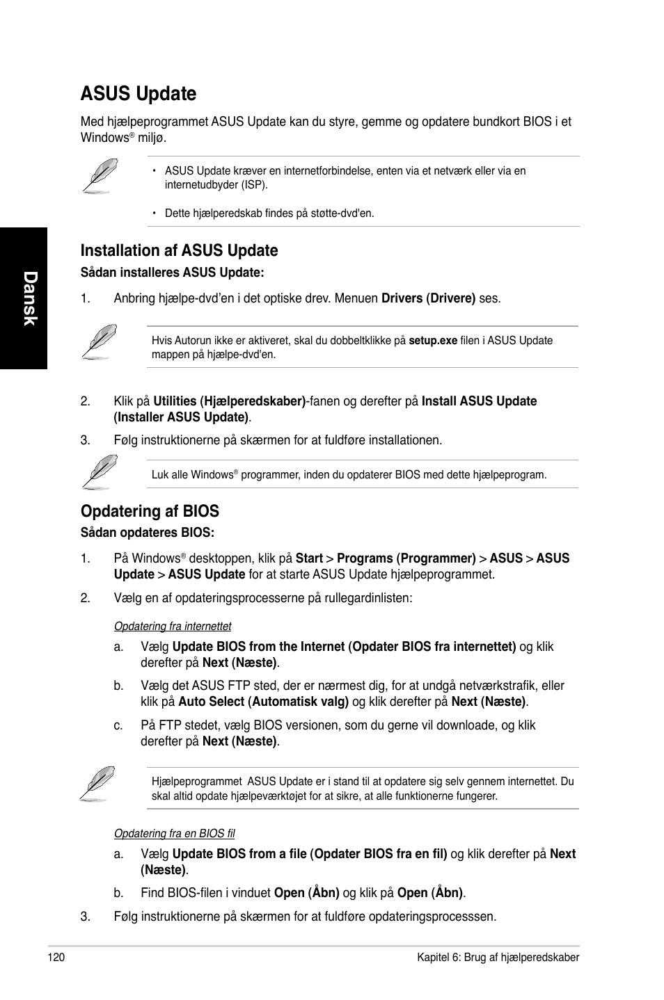 Asus update, Asus update 0, Dansk | Installation af asus update, Opdatering af bios | Asus CM1730 User Manual | Page 120 / 330