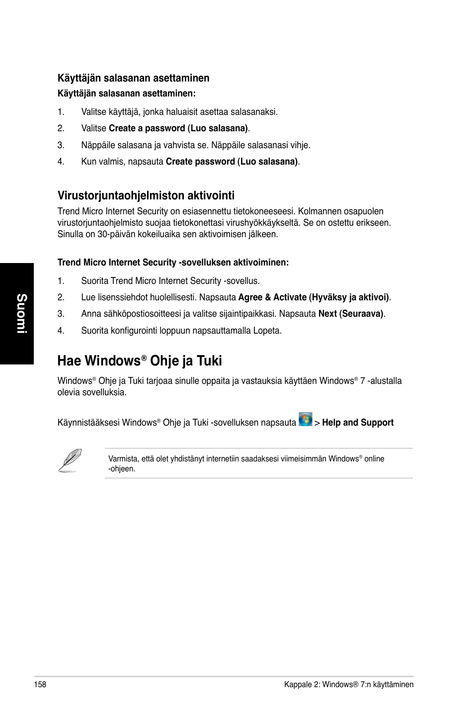 Hae windows® ohje ja tuki, Hae windows, Ohje ja tuki | Oh�e �a tuki, Suomi, Irustor�untaoh�elmiston aktivointi | Asus CM1730 User Manual | Page 158 / 330