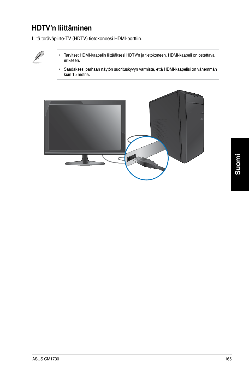 Hdtv'n liittäminen, Hdt�'n liittäminen, Suomi | Asus CM1730 User Manual | Page 165 / 330