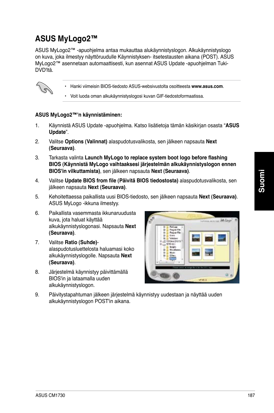 Asus mylogo2, Asus mylogo, Suomi | Asus CM1730 User Manual | Page 187 / 330