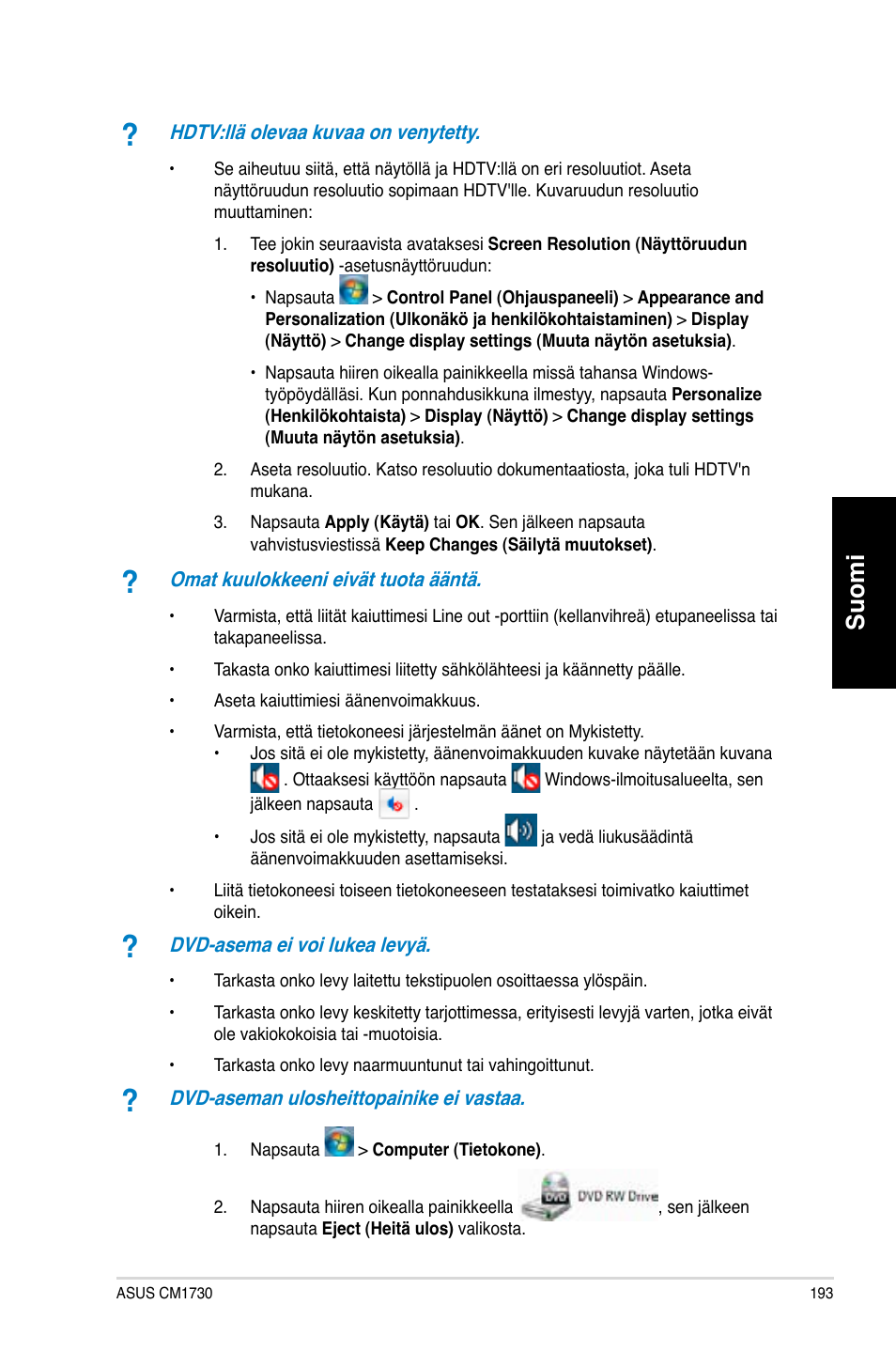 Suomi | Asus CM1730 User Manual | Page 193 / 330