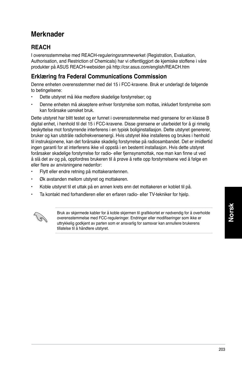 Merknader, Norsk, Reach | Erklæring fra federal communications commission | Asus CM1730 User Manual | Page 203 / 330