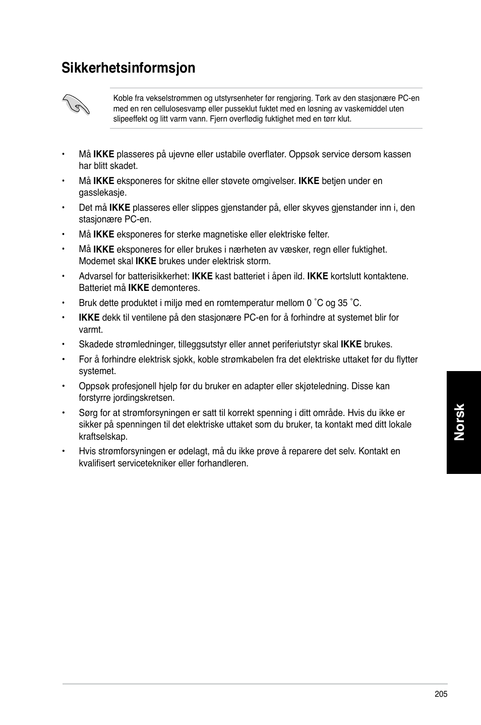 Sikkerhetsinformsjon, Sikkerhetsinforms�on, Norsk | Asus CM1730 User Manual | Page 205 / 330