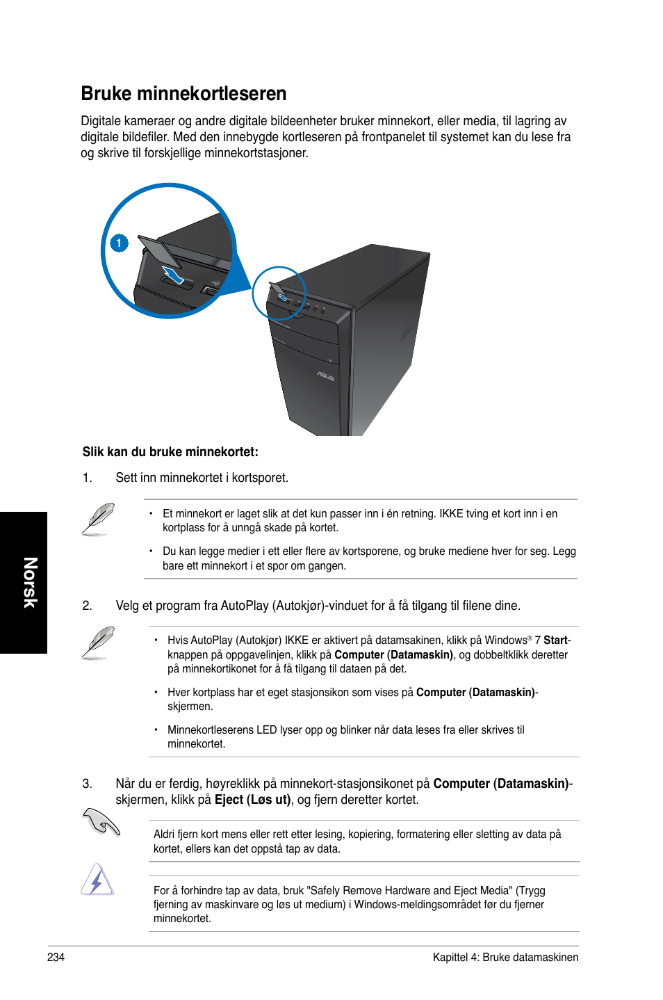 Bruke minnekortleseren, Norsk | Asus CM1730 User Manual | Page 234 / 330