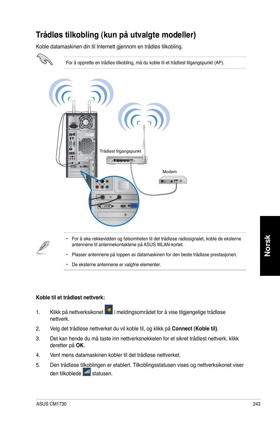 Trådløs tilkobling (kun på utvalgte modeller), Trådløs tilkobling �kun på utvalgte modeller, Norsk | Asus CM1730 User Manual | Page 243 / 330