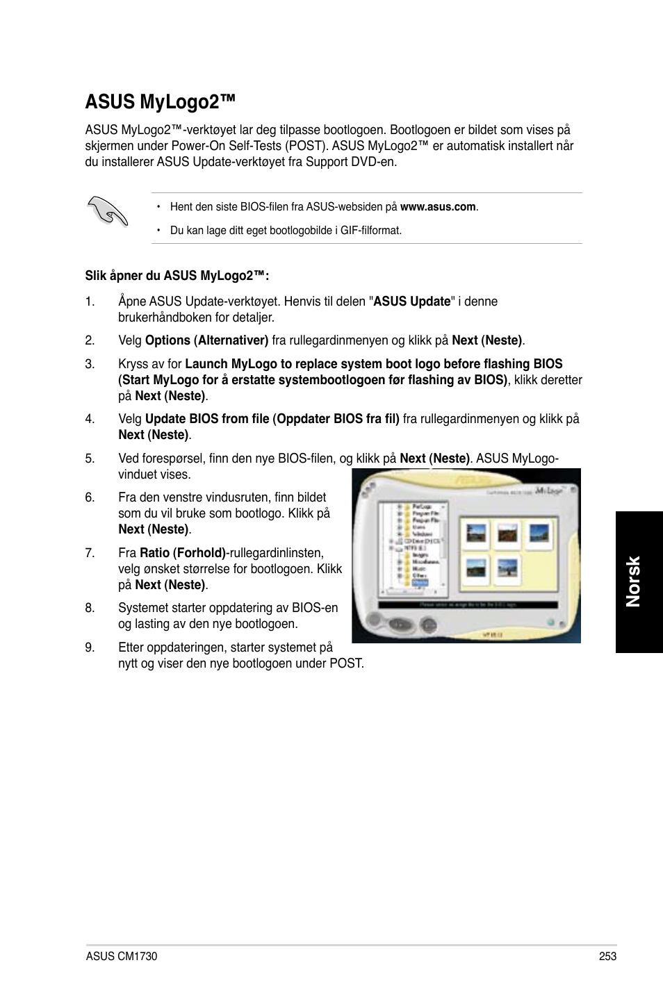 Asus mylogo2, Norsk | Asus CM1730 User Manual | Page 253 / 330