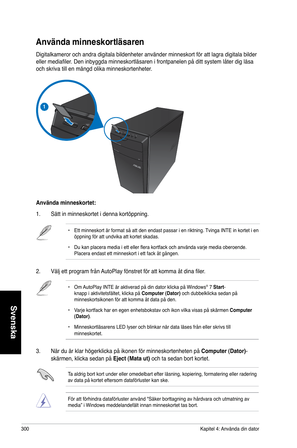 Använda minneskortläsaren, Svenska | Asus CM1730 User Manual | Page 300 / 330