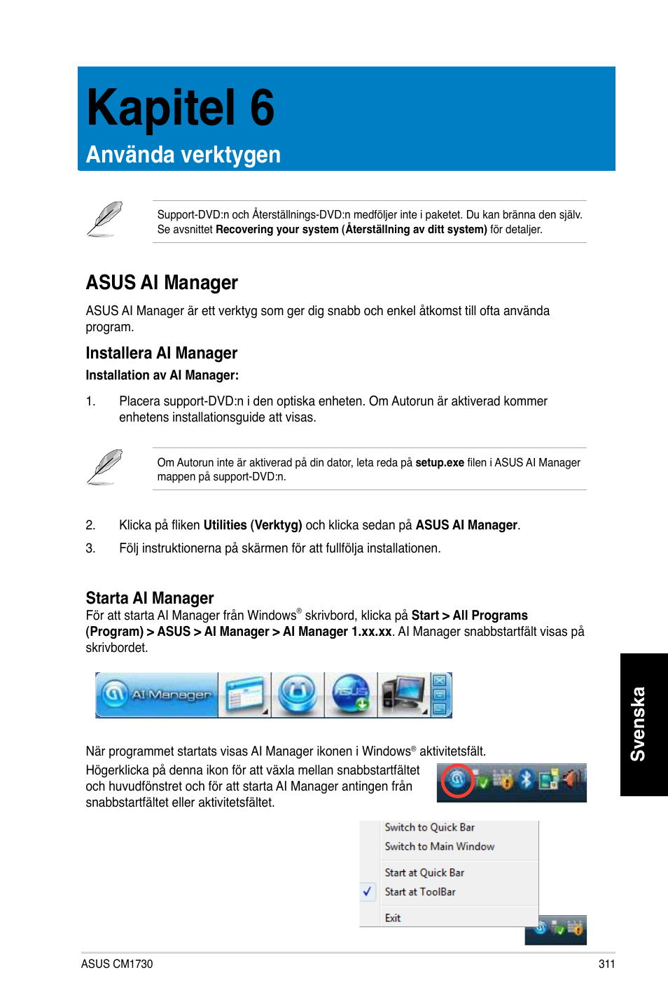 Kapitel 6, Använda verktygen, Asus ai manager | Svenska | Asus CM1730 User Manual | Page 311 / 330