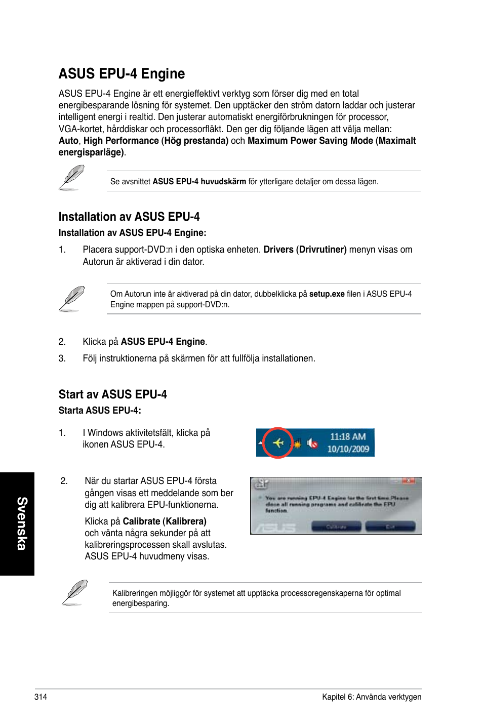 Asus epu-4 engine, Svenska, Installation av asus epu-4 | Start av asus epu-4 | Asus CM1730 User Manual | Page 314 / 330