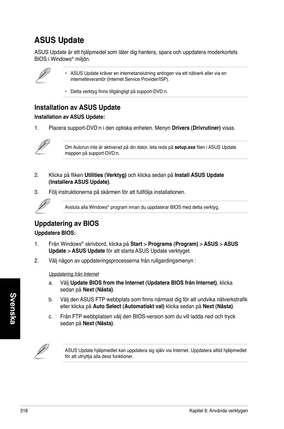 Asus update, Svenska, Installation av asus update | Uppdatering av bios | Asus CM1730 User Manual | Page 318 / 330