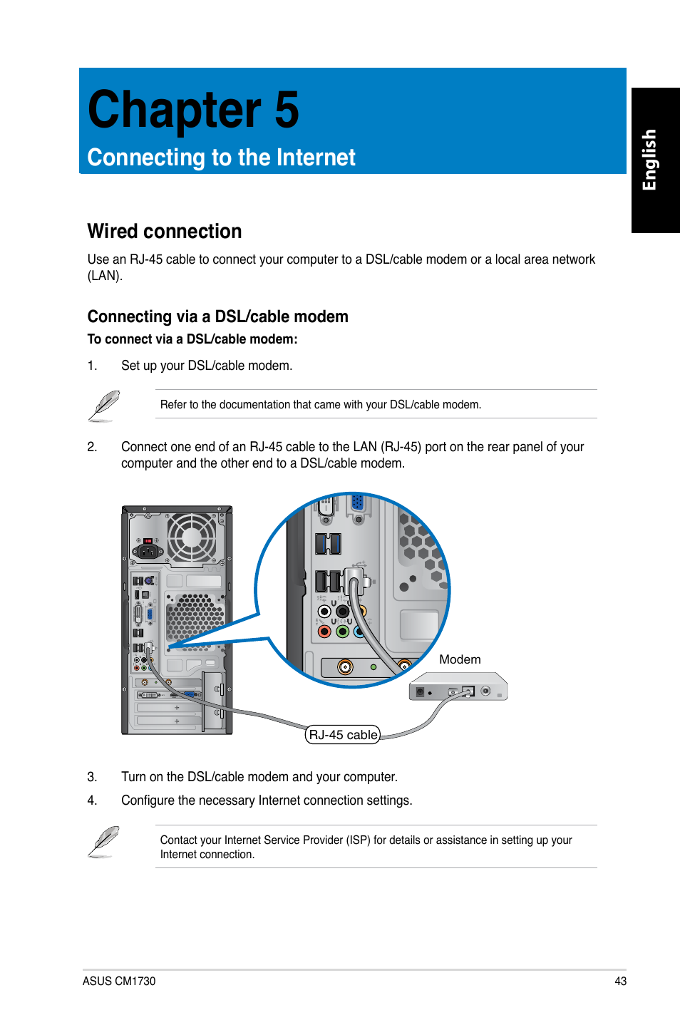 Chapter 5, Connecting to the internet, Wired connection | English | Asus CM1730 User Manual | Page 43 / 330