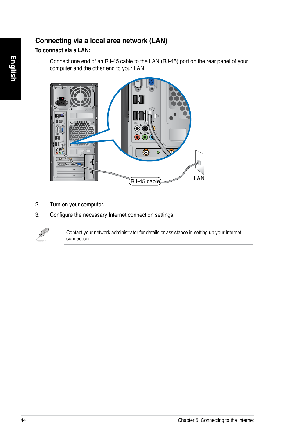 English, Connecting via a local area network �lan | Asus CM1730 User Manual | Page 44 / 330