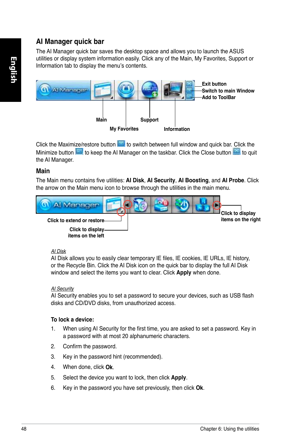 English, Ai manager quick bar | Asus CM1730 User Manual | Page 48 / 330