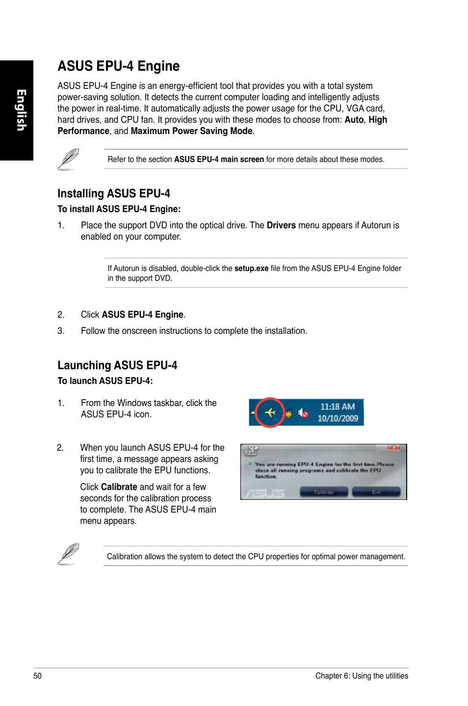 Asus epu-4 engine, English, Installing asus epu-4 | Launching asus epu-4 | Asus CM1730 User Manual | Page 50 / 330