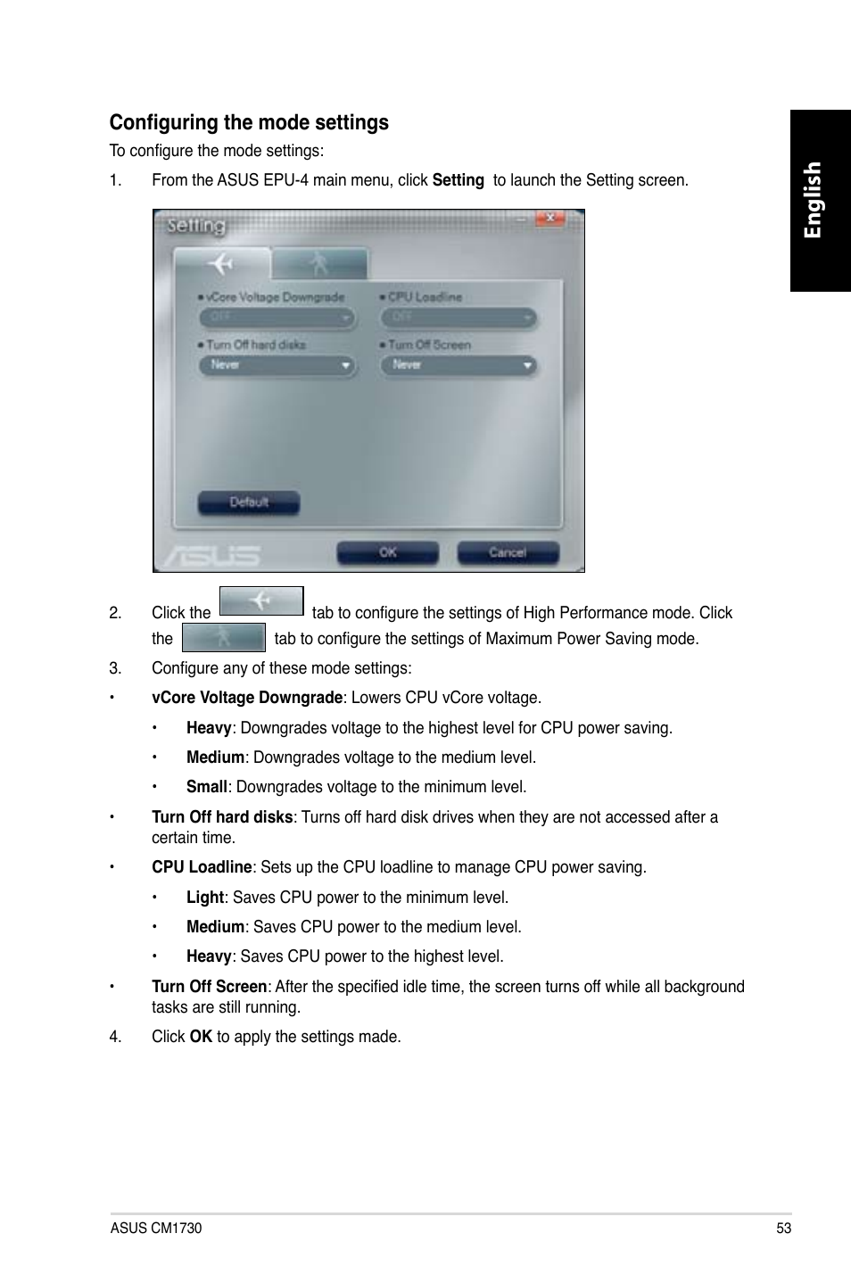 English, Configuring the mode settings | Asus CM1730 User Manual | Page 53 / 330