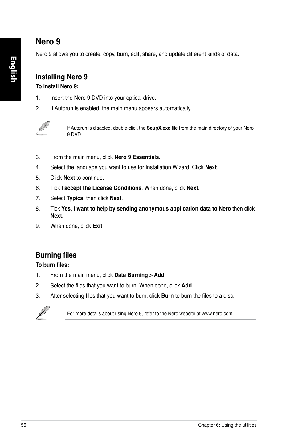 Nero 9, English, Installing nero 9 | Burning files | Asus CM1730 User Manual | Page 56 / 330