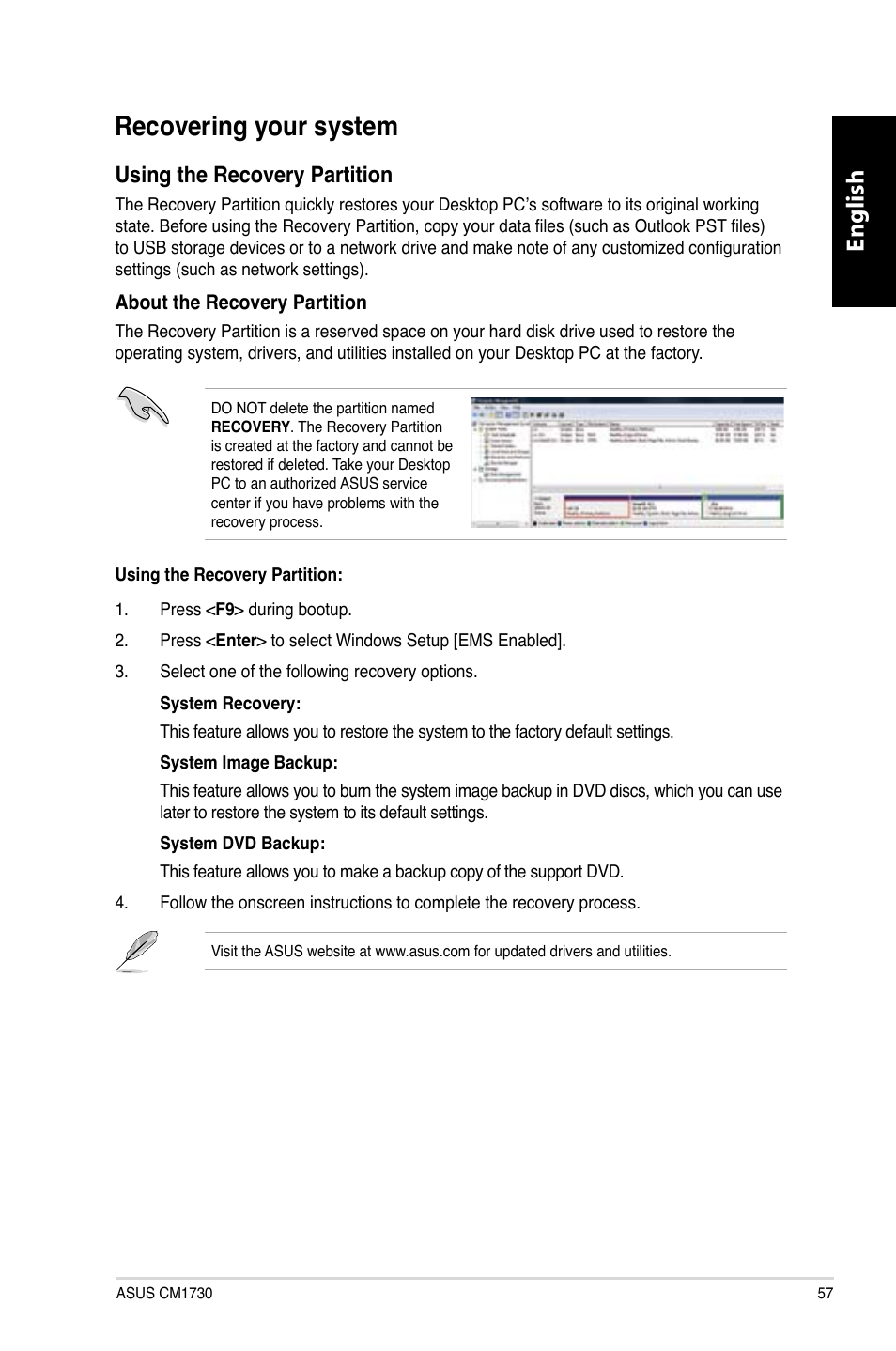 Recovering your system, English, Using the recovery partition | Asus CM1730 User Manual | Page 57 / 330