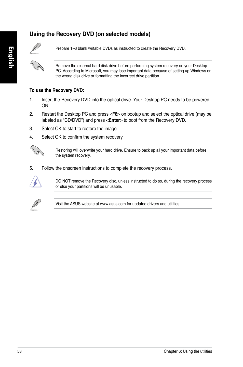 English, Using the recovery d�d �on selected models | Asus CM1730 User Manual | Page 58 / 330