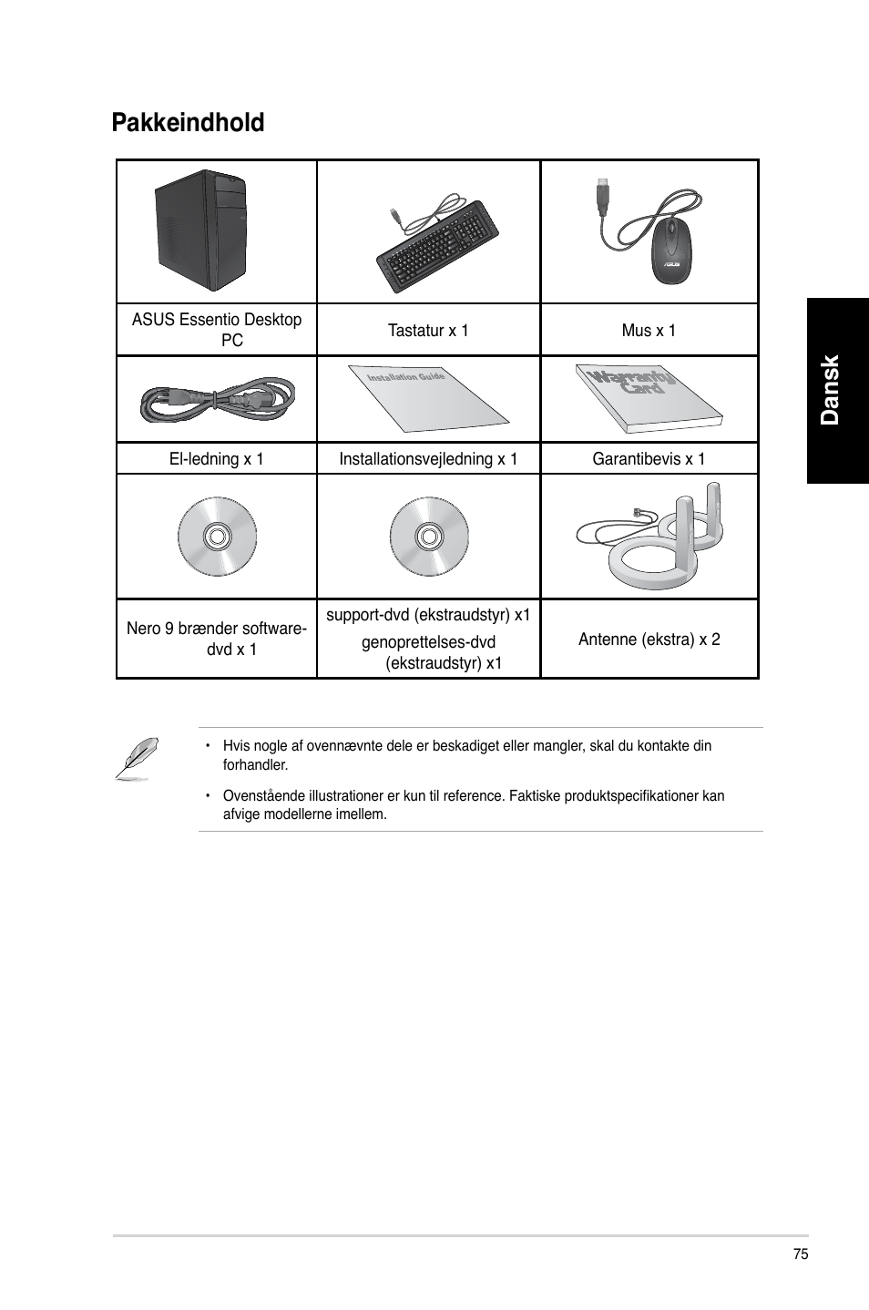 Pakkeindhold, Dansk | Asus CM1730 User Manual | Page 75 / 330