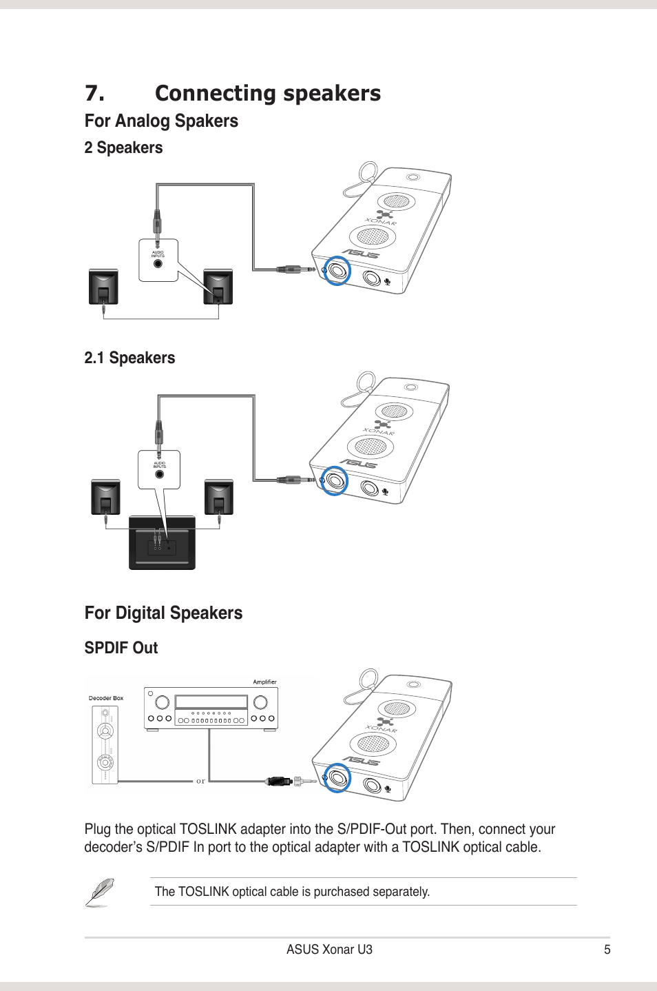 Connecting speakers | Asus Xonar U3 User Manual | Page 11 / 38