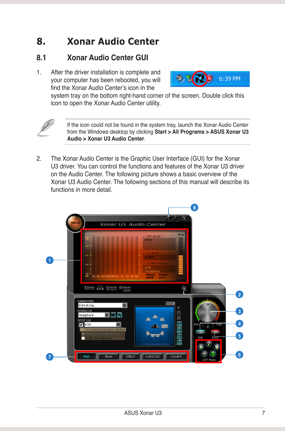 Xonar audio center, 1 xonar audio center gui, Xonar audio center 8.1 | Xonar audio center gui | Asus Xonar U3 User Manual | Page 13 / 38