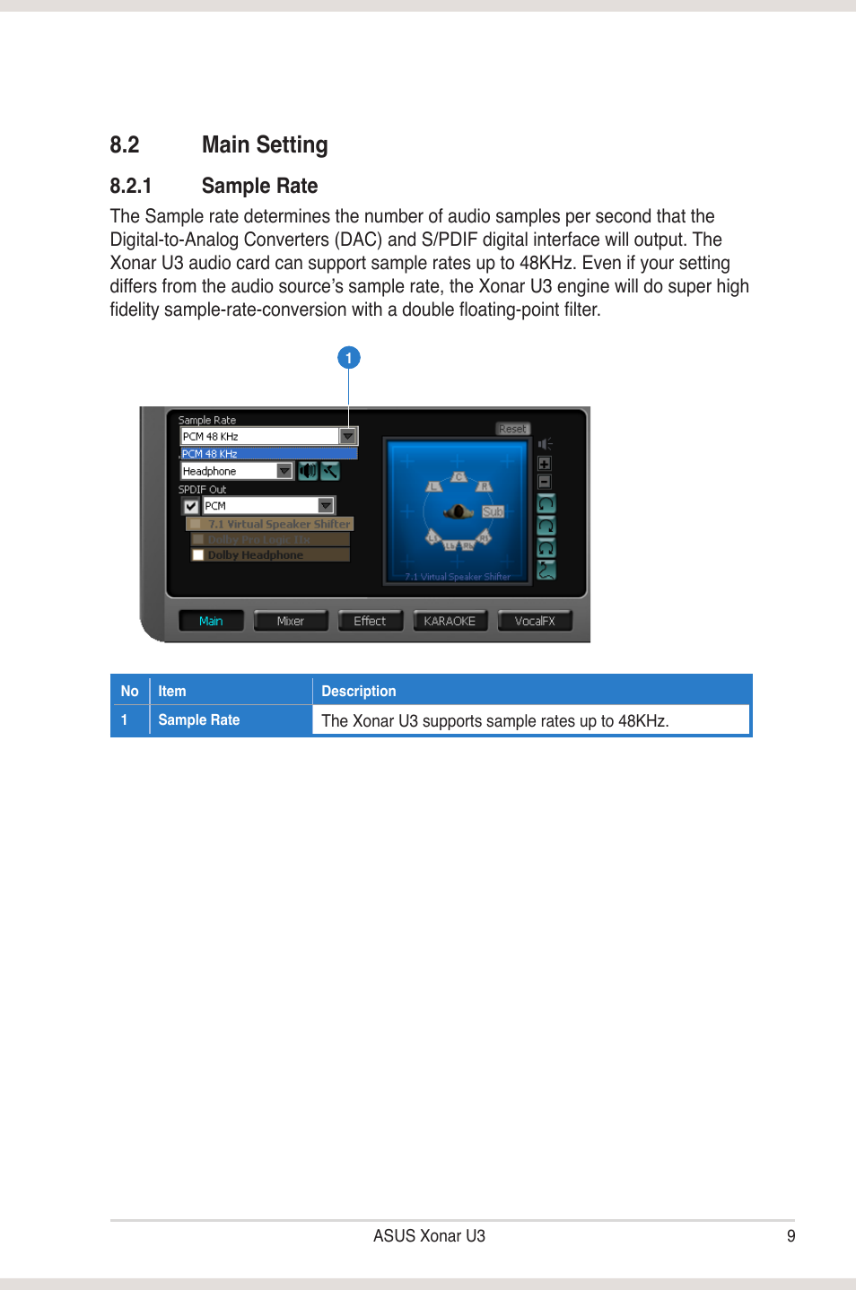 2 main setting, Main setting, 1 sample rate | Asus Xonar U3 User Manual | Page 15 / 38