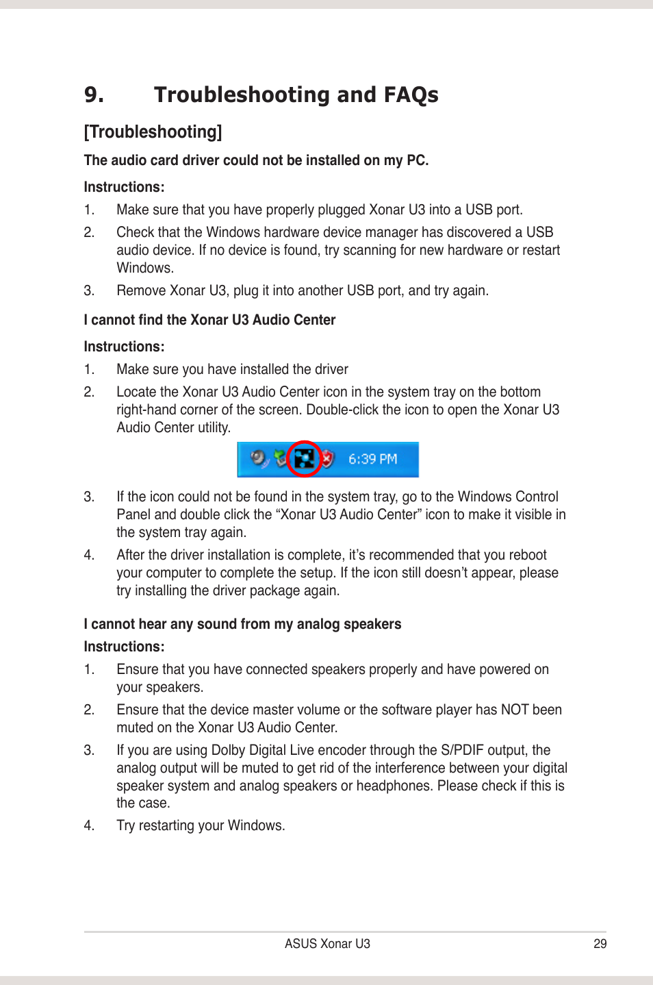 Troubleshooting and faqs, Troubleshooting | Asus Xonar U3 User Manual | Page 35 / 38