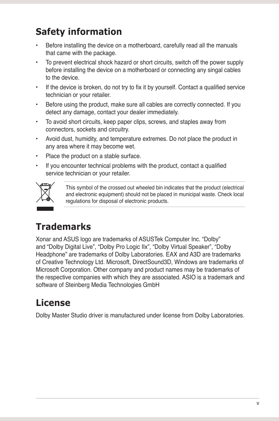 Safety information, Trademarks, License | Asus Xonar U3 User Manual | Page 5 / 38