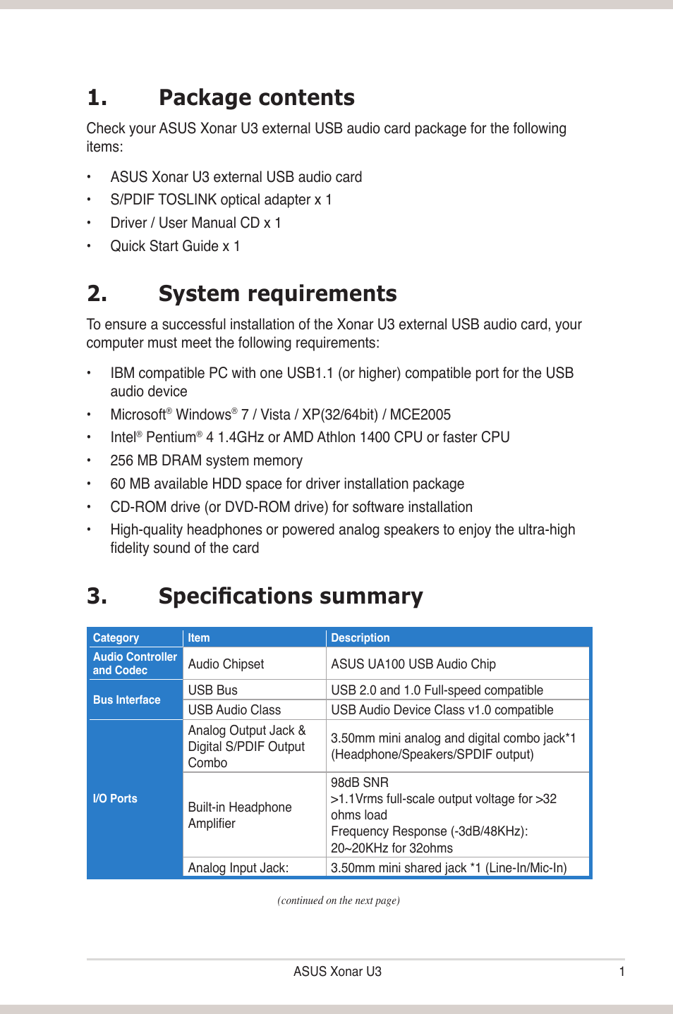 Package contents, System requirements, Specifications summary | Asus Xonar U3 User Manual | Page 7 / 38