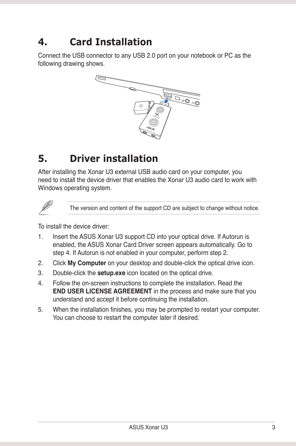 Card installation, Driver installation | Asus Xonar U3 User Manual | Page 9 / 38