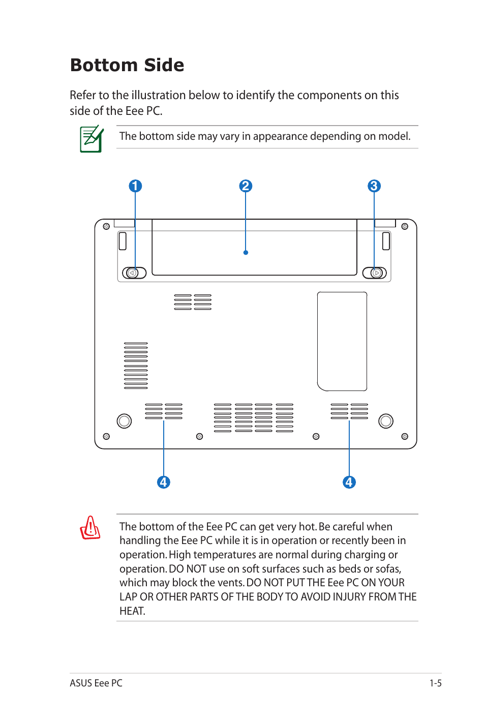 Bottom side | Asus Eee PC 900SD/Linux User Manual | Page 13 / 80