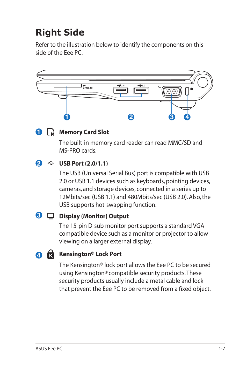 Right side | Asus Eee PC 900SD/Linux User Manual | Page 15 / 80