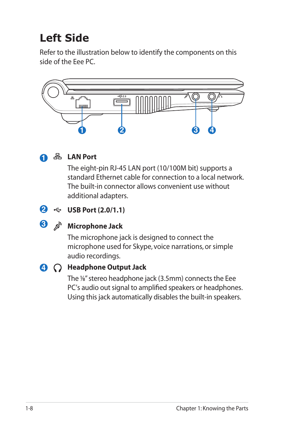 Left side | Asus Eee PC 900SD/Linux User Manual | Page 16 / 80