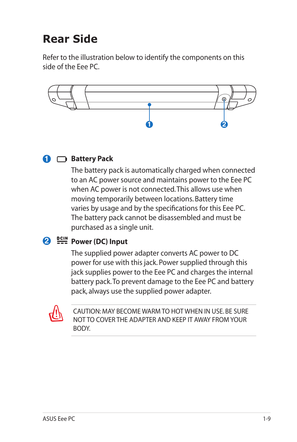 Rear side | Asus Eee PC 900SD/Linux User Manual | Page 17 / 80