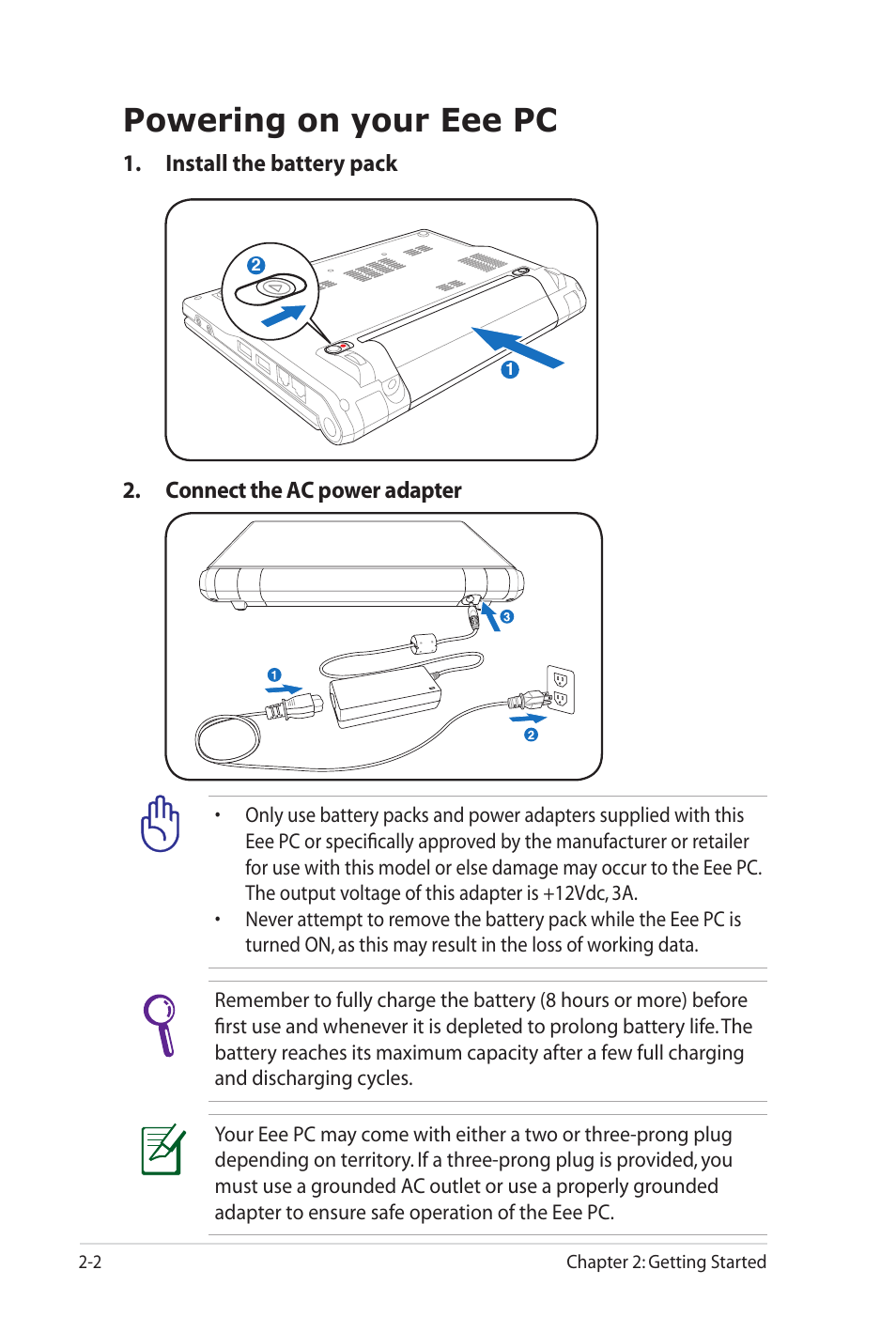 Powering on your eee pc | Asus Eee PC 900SD/Linux User Manual | Page 22 / 80