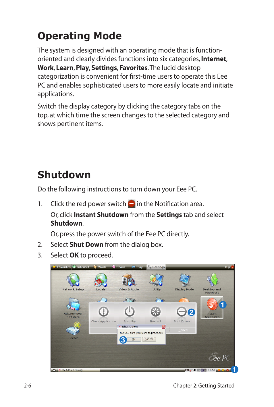 Operating mode, Shutdown | Asus Eee PC 900SD/Linux User Manual | Page 26 / 80