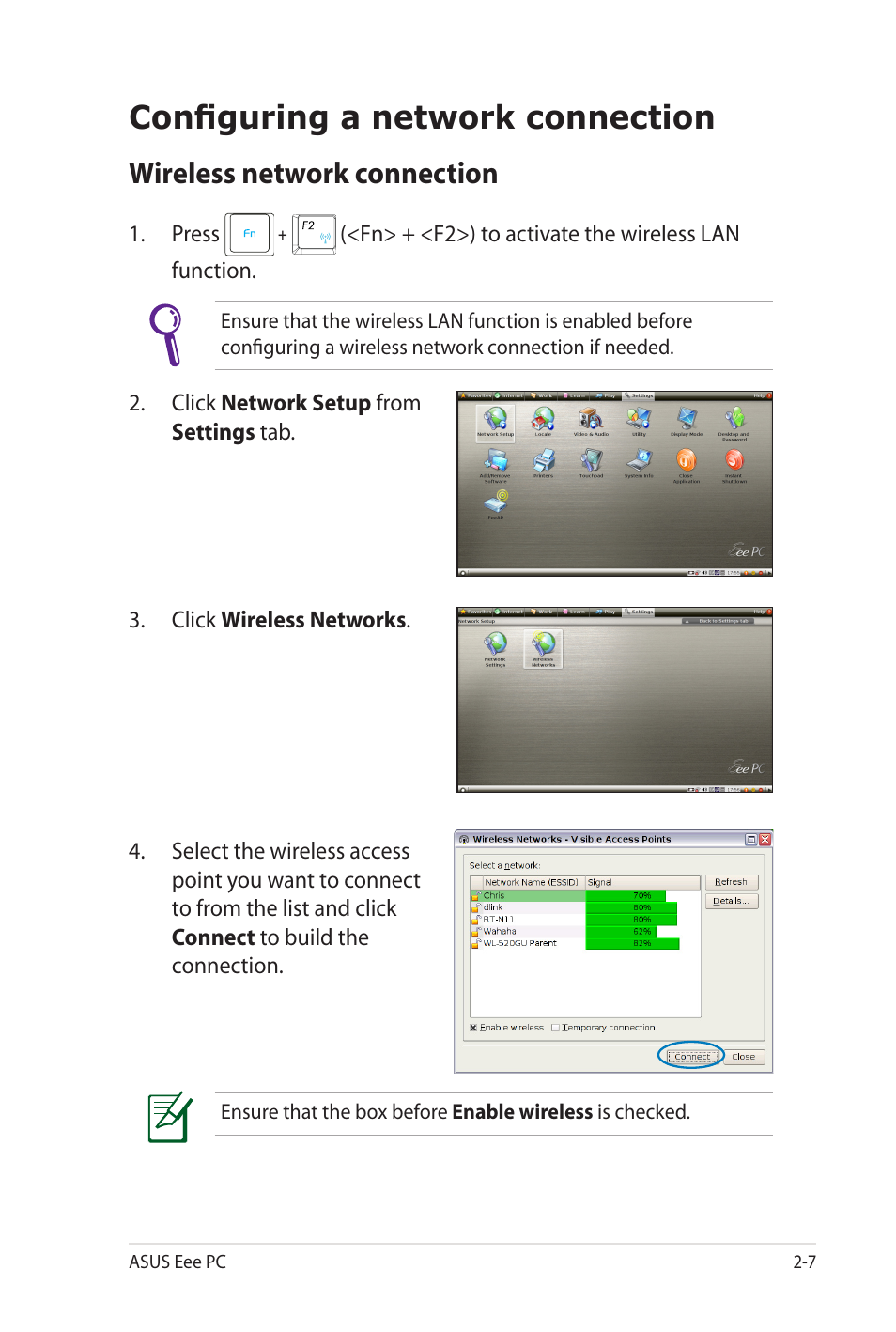 Configuring a network connection, Wireless network connection | Asus Eee PC 900SD/Linux User Manual | Page 27 / 80