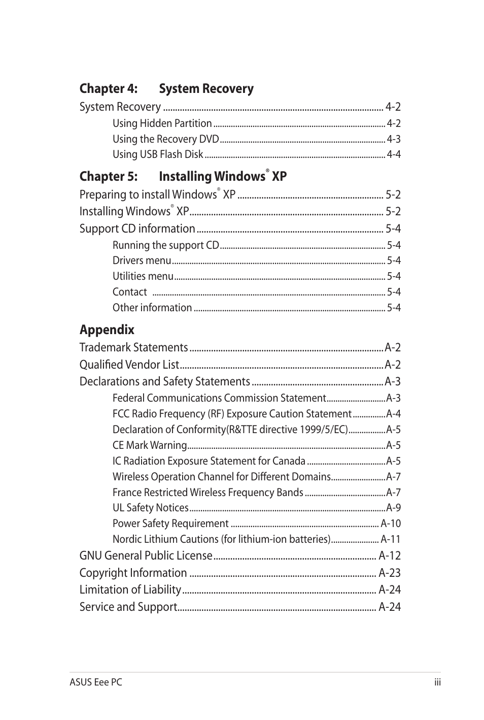 Chapter 4: system recovery, Chapter 5: installing windows, Appendix | Asus Eee PC 900SD/Linux User Manual | Page 3 / 80