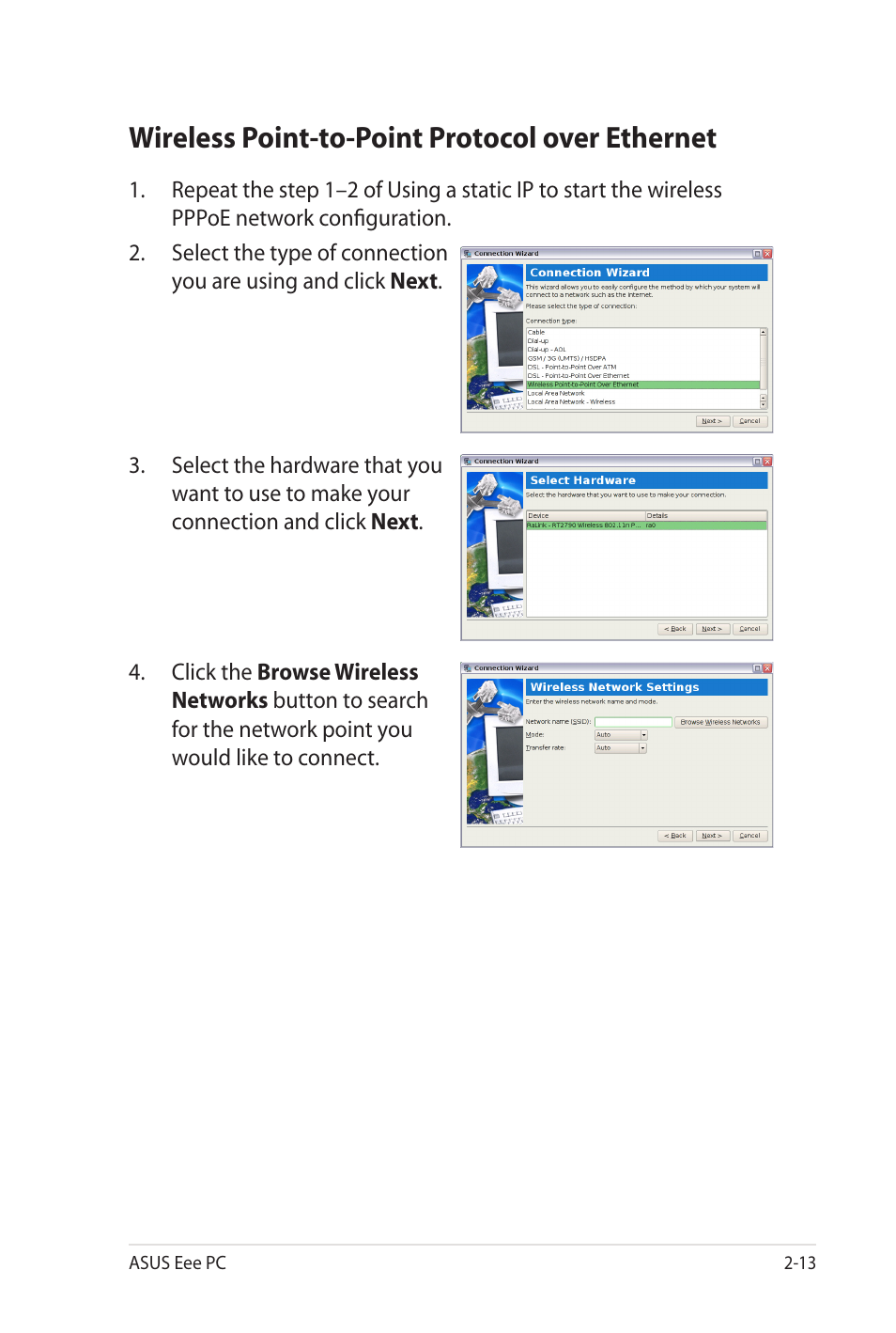 Wireless point-to-point protocol over ethernet | Asus Eee PC 900SD/Linux User Manual | Page 33 / 80