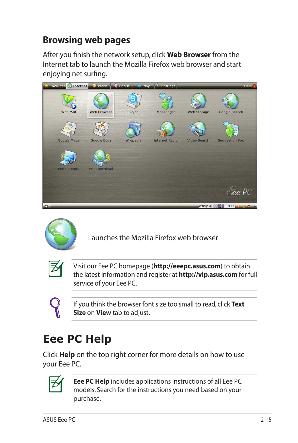 Eee pc help, Browsing web pages | Asus Eee PC 900SD/Linux User Manual | Page 35 / 80