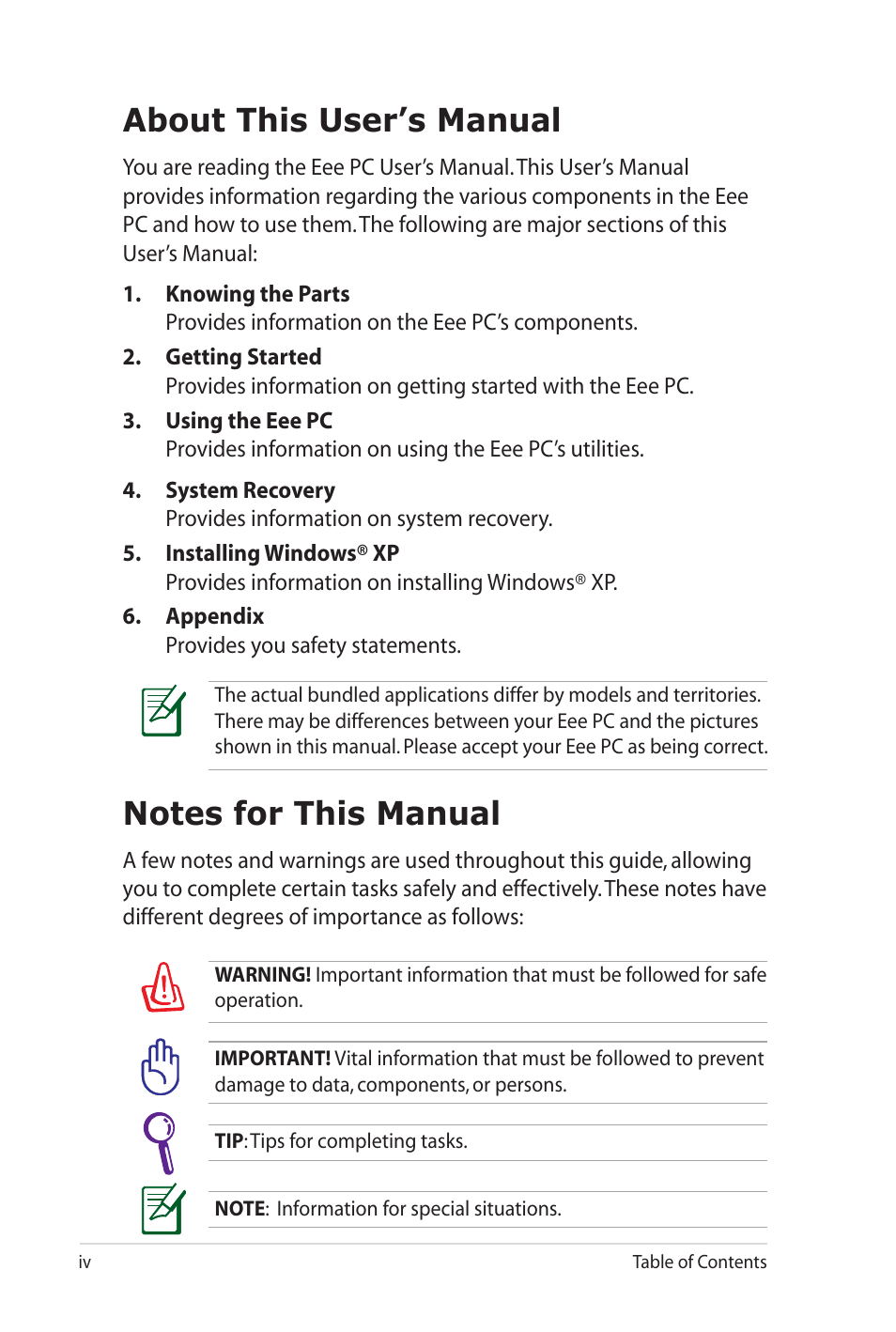 About this user’s manual | Asus Eee PC 900SD/Linux User Manual | Page 4 / 80