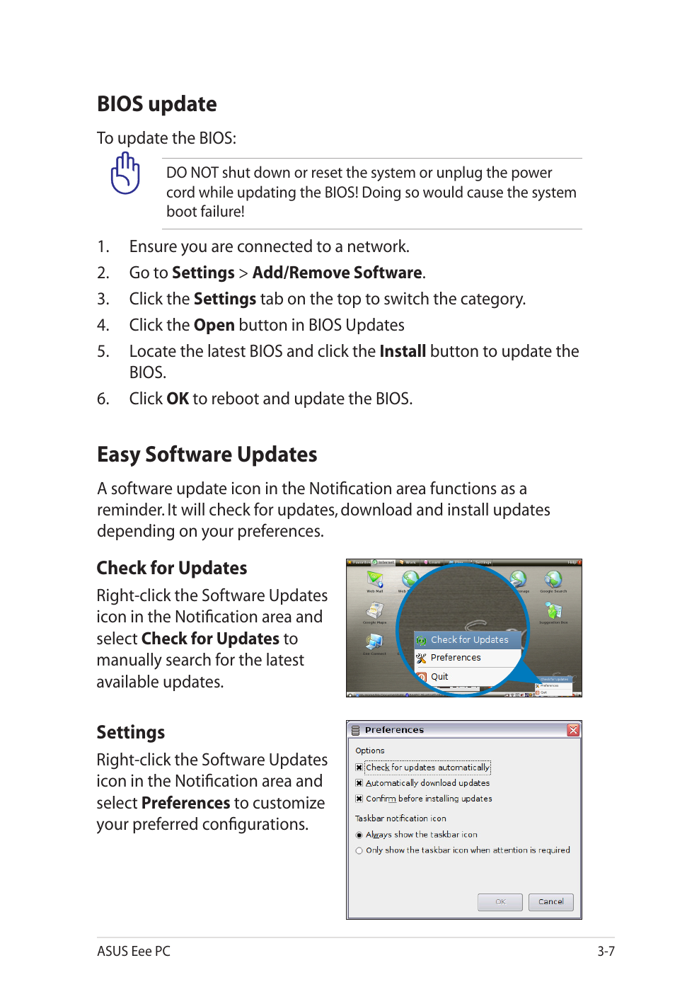 Bios update, Easy software updates | Asus Eee PC 900SD/Linux User Manual | Page 43 / 80