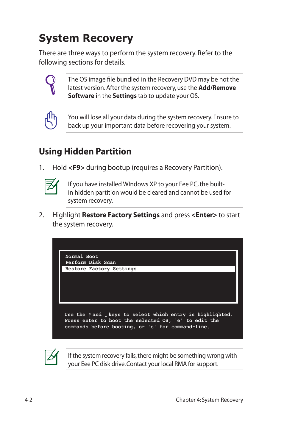 System recovery, Using hidden partition | Asus Eee PC 900SD/Linux User Manual | Page 46 / 80