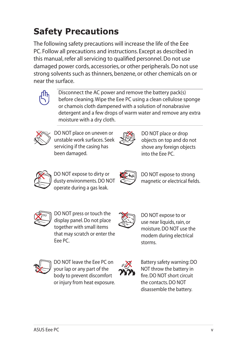 Safety precautions | Asus Eee PC 900SD/Linux User Manual | Page 5 / 80