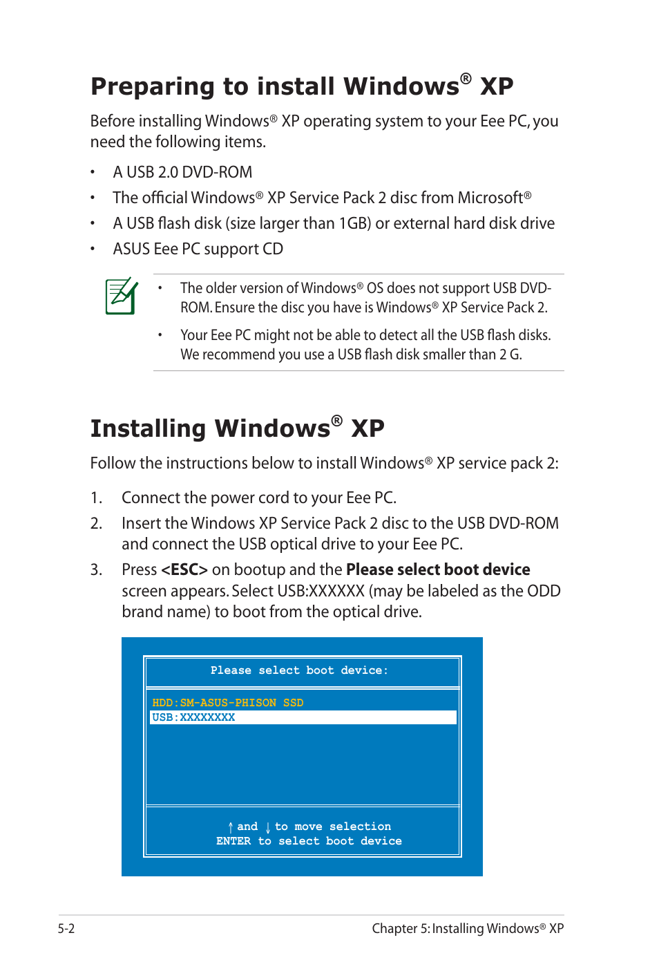 Preparing to install windows, Installing windows | Asus Eee PC 900SD/Linux User Manual | Page 54 / 80