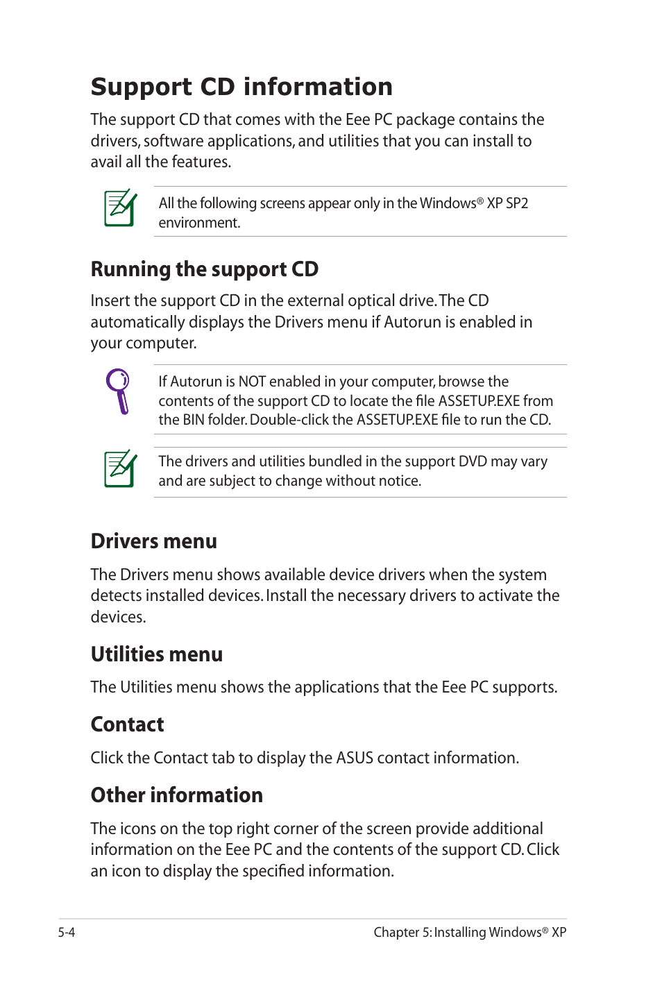 Support cd information, Running the support cd, Drivers menu | Utilities menu, Contact, Other information | Asus Eee PC 900SD/Linux User Manual | Page 56 / 80