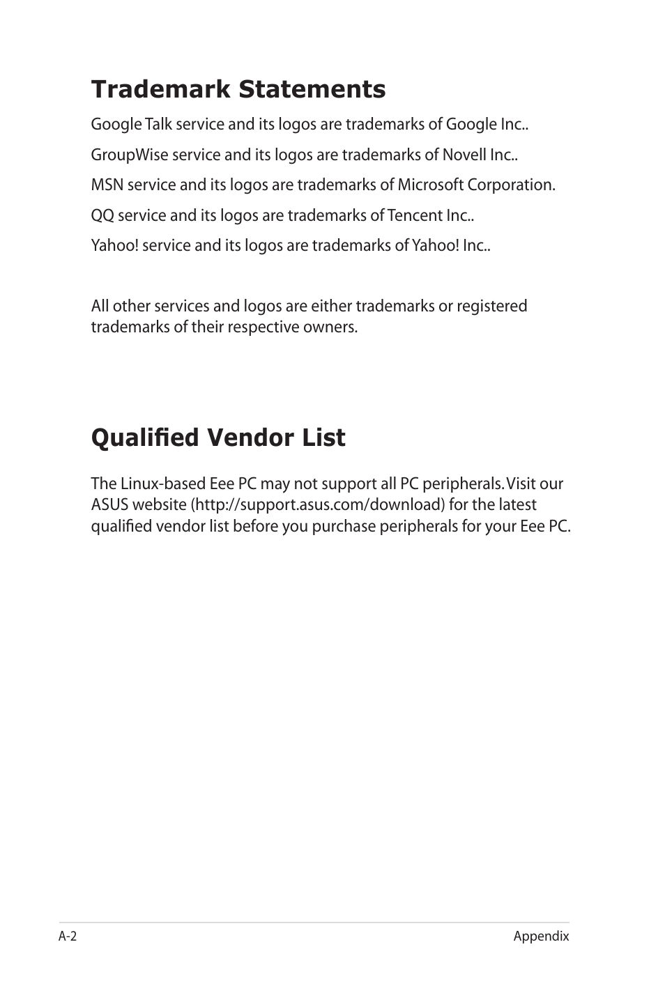 Trademark statements, Qualified vendor list | Asus Eee PC 900SD/Linux User Manual | Page 58 / 80